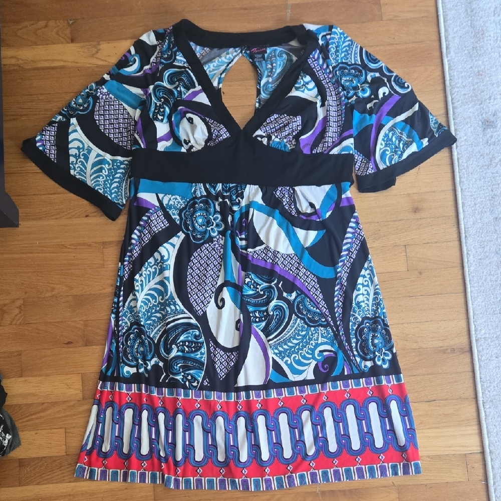 Torrid Blue and Purple Patterned Short Sleeve Dress Keyhole Back Boho